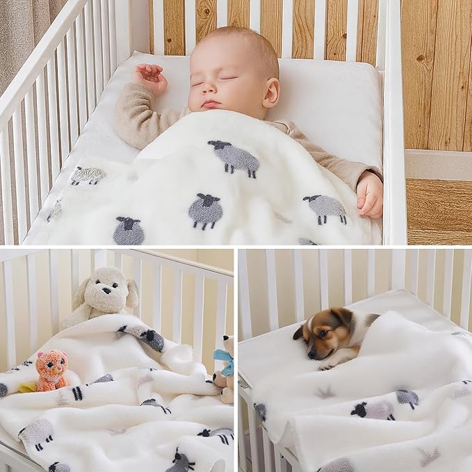 Soft Cozy Sherpa Fleece Baby Blankets Animal Pattern Fluffy Plush Receiving Blanket for Newborn Infant Toddler Thick Warm Crib Stroller Blanket for Boys Girls 30"x40" White Sheep