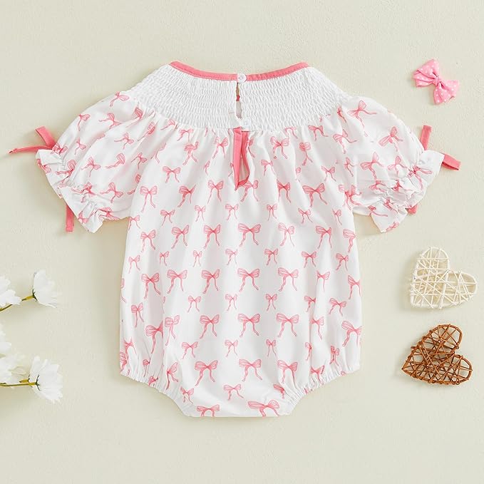 Newborn Baby Girl Romper Mamas Mini Bow Plaid Print Puff Sleeve Smocked Bubble Romper Jumpsuit Bodysuit Clothes