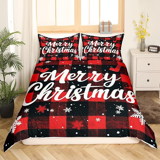 Red Black Plaid Duvet Cover Set Twin Size Merry Christmas Bedding Set 2pcs for Kids Boys Teens Western New Year Theme Comforter Cover White Snowflake Print Quilt Cover with 1 Pillowcase,No Comforter