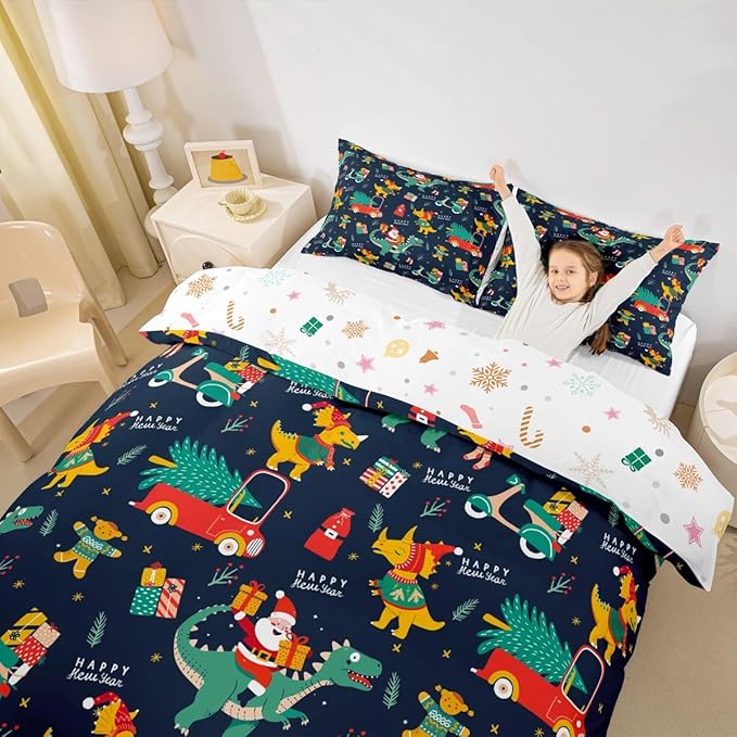 Christmas Bedding Set Cartoon Santa Claus Christmas Tree Comforter Cover for Kids Teens Cute Dino Race Cars Duvet Cover Breathable Gingerbread Man Bedspread Cover Room Decor Quilt Cover Full Size