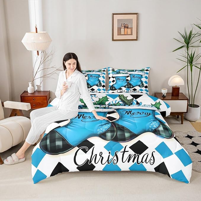 Feelyou Merry Christmas Kids Comforter Set Full Size Cartoon Shoes Bedding Set Duvet Quilt for Kids Boys Girls Bedroom Winter Decor Microfiber Ultra Soft Breathable
