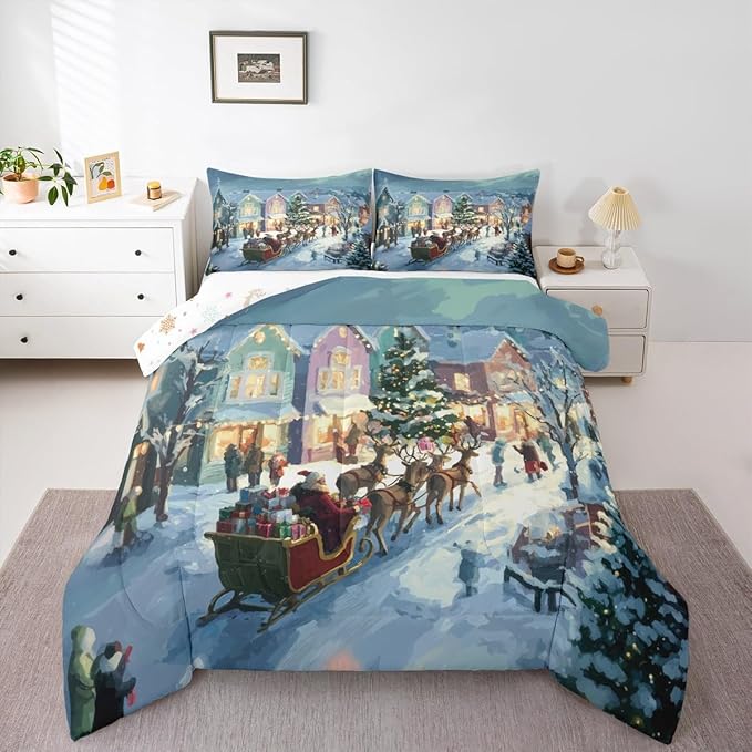 Feelyou Watercolor Christmas Comforter Set Twin Size Santa Claus Bedding Set for Kids Boys Girls Reindeer Sled Duvet Quilt Xmas Tree Bedroom Decor Microfiber 2 Pcs with 1 Pillow Cases