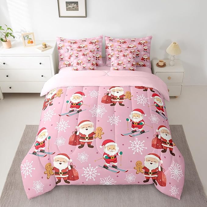 Erosebridal 7Pcs Cute Santa Claus Comforter Set Full Size,Xmas Gingerbread Bedding Set for Kids Boys Girls,Christmas Snowboard Snowflake Bed in A Bag,Pink Christmas Quilt with Flat Fitted Sheet
