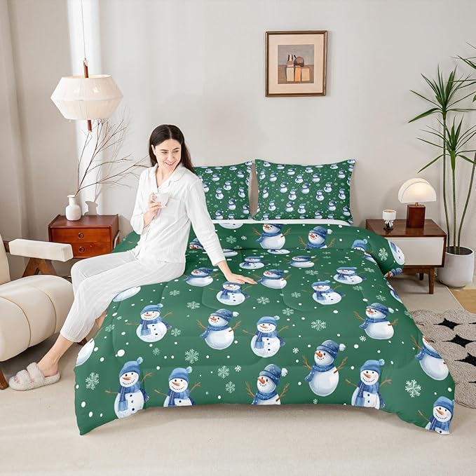 jejeloiu Kids Cute Winter Snowman Comforter Set King Size Green Christmas Theme Bedding Set for Boys Girls Teens Xmas Snowflake Happy New Year Duvet Quilt Room Decor