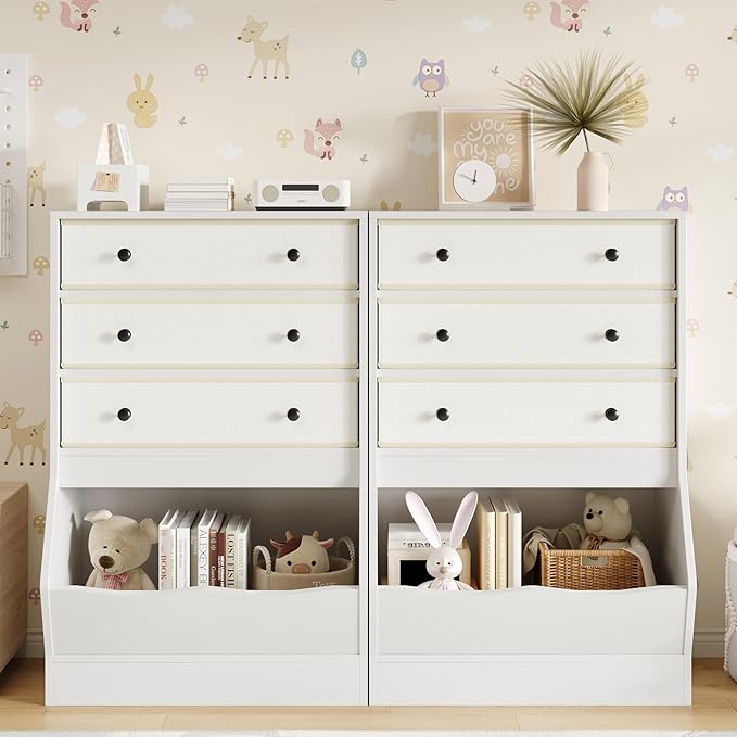 MHOM Toy Storage Organizer with Open Cube, Kids Bookshelf and Toy Storage with PU & Non-Woven Fabric Drawers, Small Book Shelf for Kids Rooms, Playroom and Nursery (White)