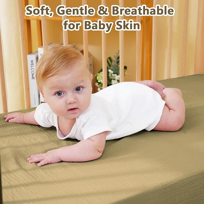 Muslin Crib Sheet – 100% Cotton Baby Fitted Sheet for Boys & Girls, Ultra Soft & Breathable, Snug Fit with 360° Elastic, Fits Standard Crib Mattress 28" x 52" & Toddler Beds.
