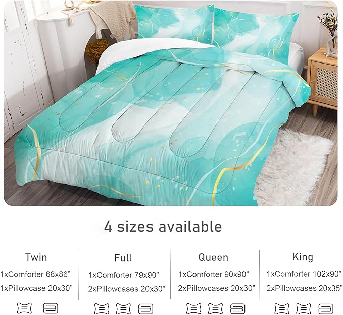 Comforter Set Teal Marble: King Size Aqua Marble Bedding Sets for Women Adults Room Decor Abstract Cyan Blue Green Quilt Luxury Gold Bed Set 1 Comforter & 2 Pillowcases