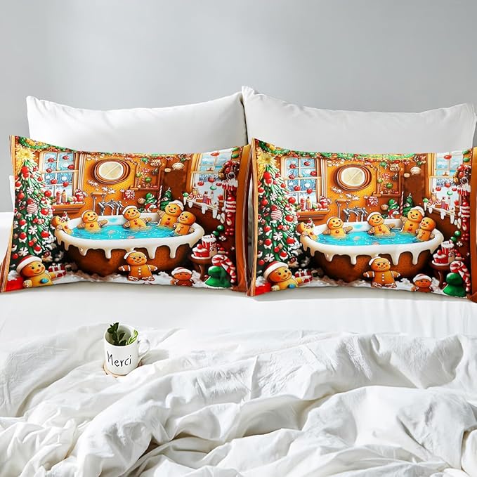 Feelyou Kids Christmas Gingerbread House Duvet Cover,Funny Gingerbread Man Bedding Set Twin Size,Boys Girls Bedroom Room Decor,Merry Christmas Comforter Cover,Xmas Christmas Bedspread Cover
