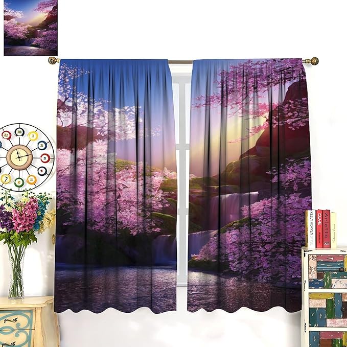 Landscape Waterfall Blackout Curtains, Watercolor Blossom Cherry Flower Forest Pattern Rod Pocket Window Drapes, for Bedroom Living Room 42" W X 63" L
