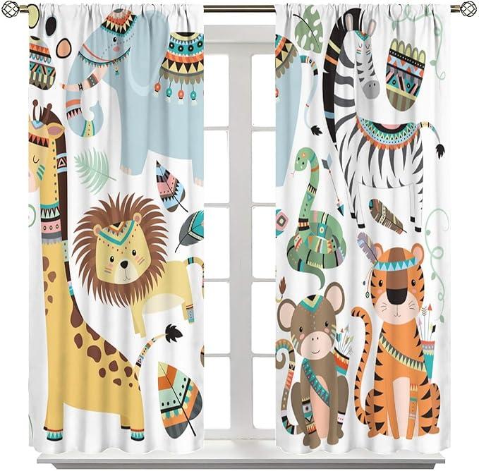 Jungle Tribal Animals Curtains, Southwest Aztec Cartoon Funny Zoo Animals Giraffe Lion Elephant Zebra Tiger Print Thermal Insulation Window Drapes for Kids Boys Girls Bedroom Living Room 42x54 Inch