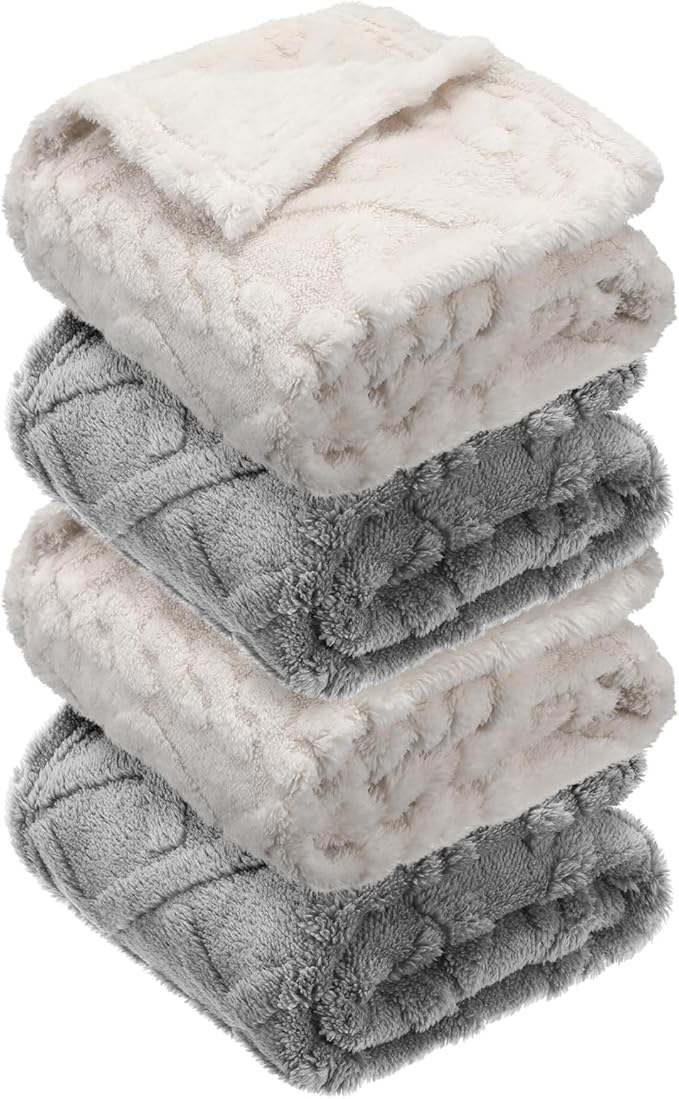 VitalCozy 4 Pcs Soft Fleece Baby Blankets Set 30" x 40" 3D Plush Warm Nursery Swaddling Bed Blanket Little Boys Girls Infant Toddlers and Newborn Receiving Gifts Blankets(Neutral Color)