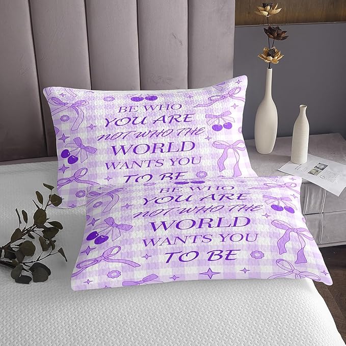 Purple Bowknot Bedspread Queen Size,Cherry Stars Daisy Flowers Romantic Coverlet Set,Girls Women Room Decor,Bow Tie Geometric Plaid Patchwork Quilted Coverlet,Dreamy Bedding Quilt,2 Pillowcases