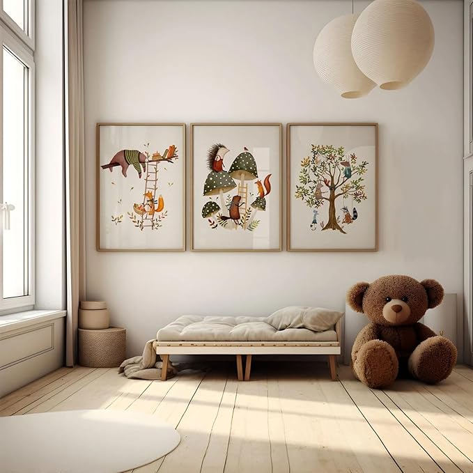 3Pcs Woodland Safari Animals Nursery Canvas Wall Art Baby Jungle Small Animal Wall Decor Pictures Tree Bear Rabbit Fox Hedgehog Kids Posters Prints for Classroom Children Bedroom Decoration Unframed