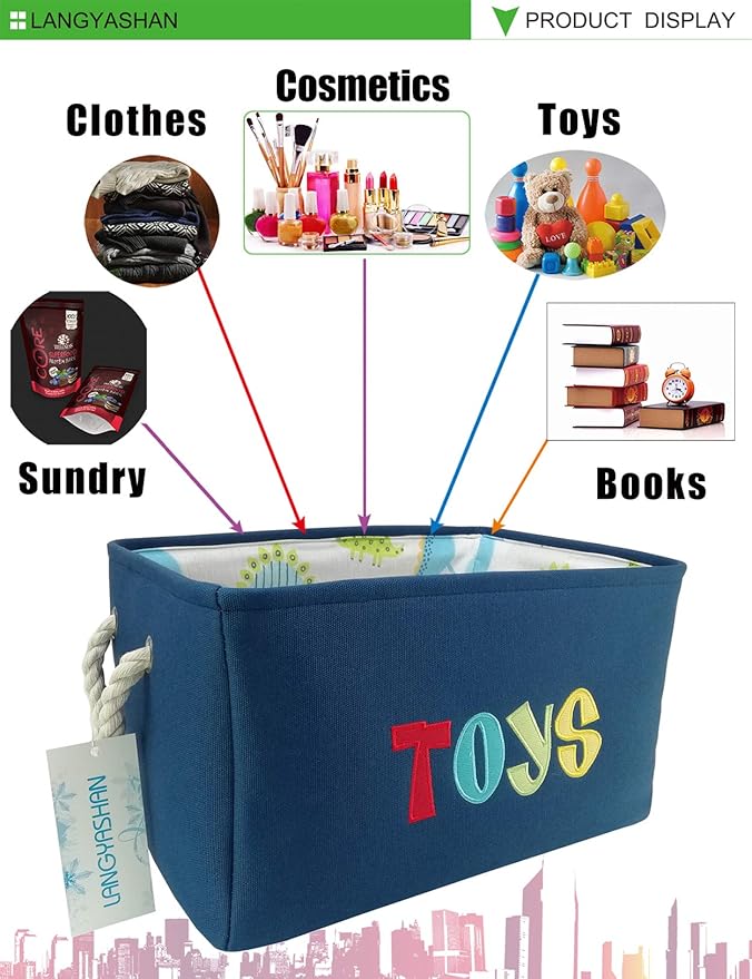 LANGYASHAN Rectangular Storage Bin Collapse Canvas Fabric Cartoon Storage Basket with Handles for Organizing Home Kitchen Boys and Girls Toys Office Closet Shelf Baskets (Navy toys)