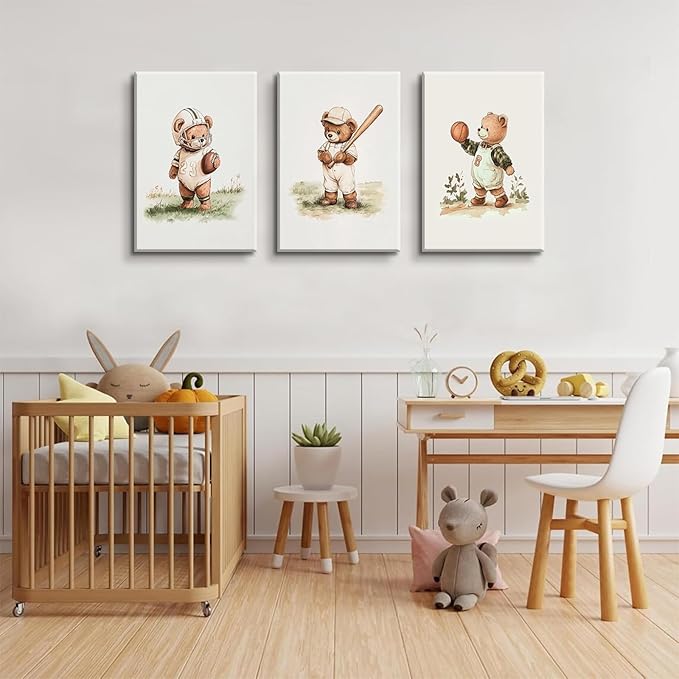 3Pcs Nursery Teddy Bear Canvas Wall Art Vintage Sports Bear Wall Decor Sports Boys'Room Artwork Prints Basketball Football Baseball Painting Pictures for Children's Room Boys' Room (16x24in Canvas)