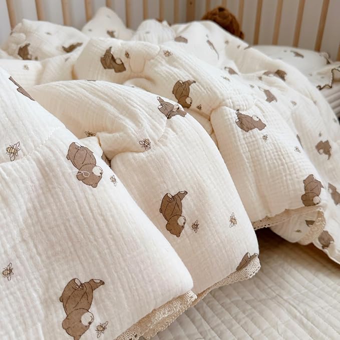 BuLuTu 100% Muslin Toddler Quilt Thin Crib Comforter Girls Boys Quilted Blankets, 47"x59", 1.5 Pounds, Soft Breathable Muslin Cotton Quilts, Bee Bear Pattern, Machine Washable