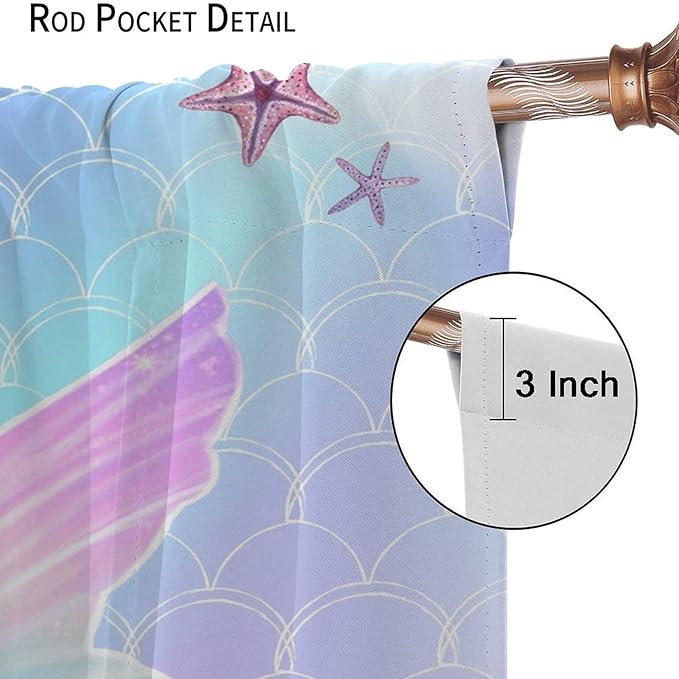 Fantasy Mermaid Curtain Colorful Rainbow Fish Tail Ocean Theme Beautiful Kids Window Treatment for Girls Bedroom Nursery Room Decor Rod Pocket Window Drapes 84x84in