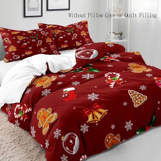 LUVIVIHOME 3PCS Christmas Duvet Cover Queen Bedding Sets, Red Duvet Cover, Boys Girls Kids Bedding, Gingerbread Snowflake Holiday New Year Xmas Gifts Christmas Comforter Quilt Cover, 2 Pillow Cases