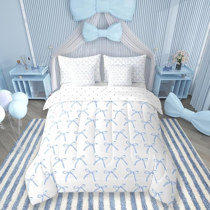 Manfei 7 Pieces Cartoon Bowknot Kids Comforter King Size,Bow Tie Knot Geometric Patchwork Fashion Bedding Set,Hand-Painted Sketch Blue Noble（Comforter+Fitted+Flat+2 Pillowcases+2 Throw Pillow Covers）