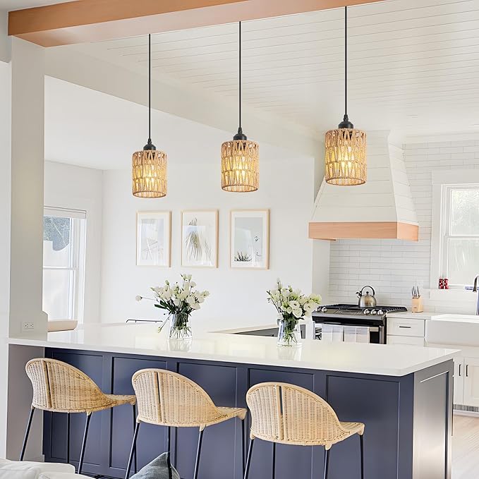 Rattan Chandelier Pendant Lights Kitchen Island,Farmhouse Boho Chandeliers Adjustable Height Hanging lamp for Dining Room,Small Kitchen Ceiling Light Fixtures with Hand Woven Wicker Lampshade