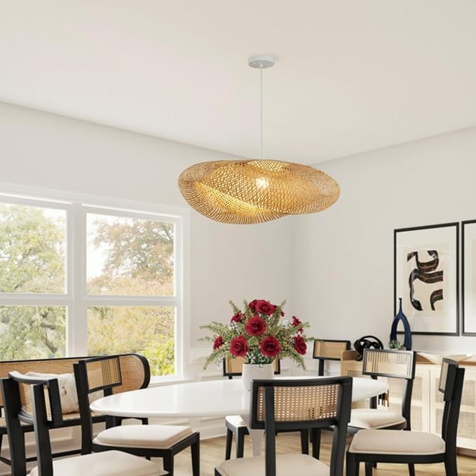 Bamboo Chandelier 32.25 Inch Extra Large Rattan Chandelier, Hand Woven Bamboo Rattan Pendant Lights Wicker Hanging Light Fixture with Adjustable Height for Kitchen Island Living Room Dining Room Bar