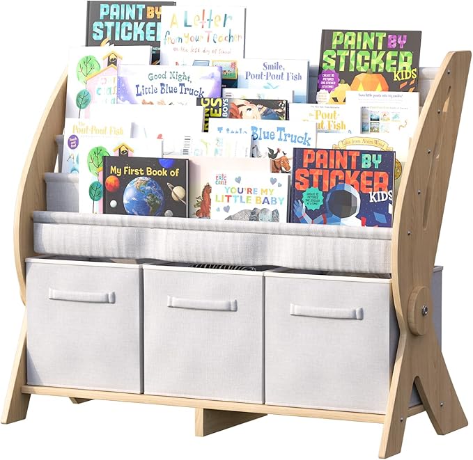 Kids Bookshelf 4 Tier Toddler Book Rack Baby Bookcase with 3 Toy Storage Organizer Cube Bins Fabric Sling Children Bookshelf for Boys Girls Kids Room Nursery Palyroom Book Display Shelf Wood