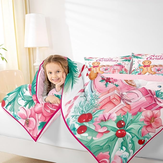 Feelyou Gingerbread Man Kids Comforter Set Toddler Size Merry Christmas Bedding Set Christmas Decor Duvet Quilt for Kids Boys Girls Bedroom Xmas Decor Microfiber Ultra Soft Breathable