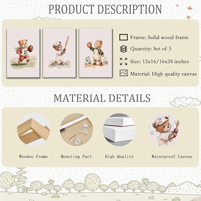 3Pcs Nursery Bear Canvas Wall Art Nursery Animal Poster Prints Teddy Bear Painting Boy Sports Picture Football Basketball Kids Room Artwork Wall Decor for Children Bedroom Playroom 16x24in Framed