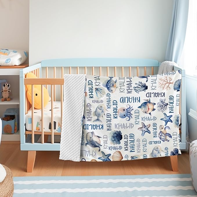 Personalized Baby Blanket with Name, Customized Blanket for Newborn Boys Girls, Ocean Animals Flannel Baby Name Blanket with Dotted Backing, Receiving Swaddle, Gifts for New Parents(30”x40)