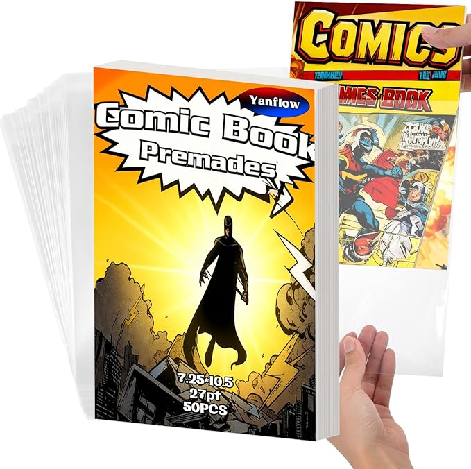 50 Pack Comic Book Bags and Boards Set 7.25x10.5 Inch Self-Sealing Comic Bags and Boards with Archival Boards for Long-Term Storage & Protection