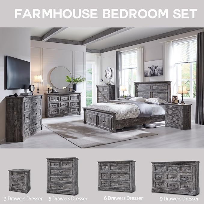 5 Drawers Dresser for Bedroom, Farmhouse 46" Tall Dressers & Chests of Drawers w/Roman Column, Wood Rustic Closet Dresser w/Two Different Drawer Sizes for Bedroom, Living Room, Light Grey