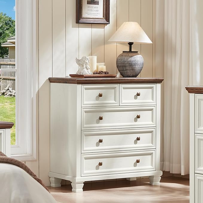 Farmhouse Bedroom Dresser and Nightstand Set of 4, 6 Drawer Tall & 5 Drawers Dresser & 3 Drawer Nightstand Set with Wooden Legs, Rustic Wood Furniture for Bedroom, Hallway, White