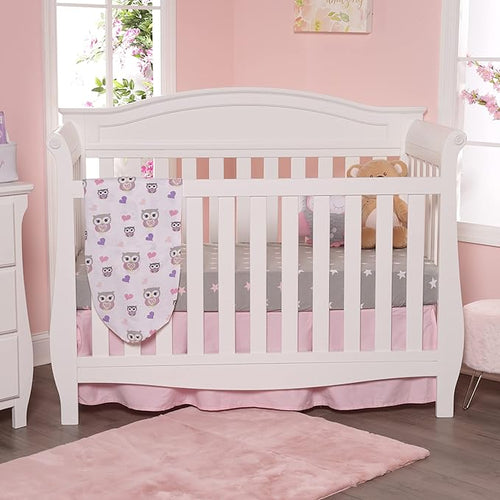 2 Pack Fitted Crib Sheets for Girls in 100% Jersey Knit Cotton – Girl’s Crib Mattress Sheets with a Nature Theme of Owls with Purple and Pink Hearts and a Gray Sheet with Pink Hearts by Everyday Kids