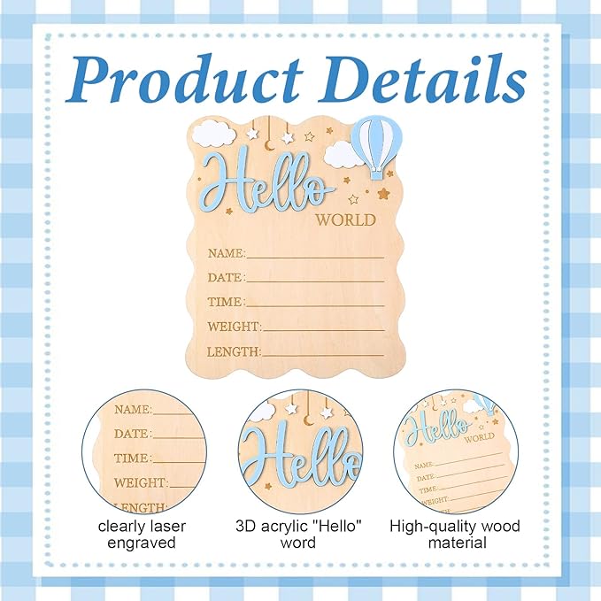 Hello World Newborn Sign, Wooden Newborn Announcement Sign, Boys Girls Birth Information Record Board with Hot Air Balloon Cloud Star Design for Photo Prop for Baby Shower Hospital Nursery