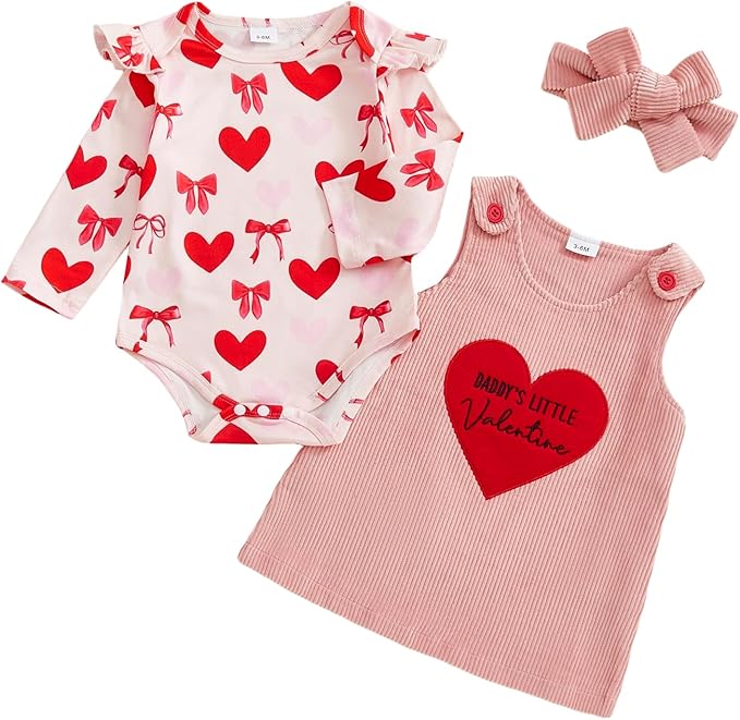 FIOMVA My First Valentines Day Outfit Clothes Baby Girl Romper Love Onesie Heart Embroidery Overalls Suspender Dress Set