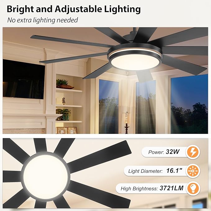 WINGBO 60" Ceiling Fan with Light - Large LED Dimmable Light, 6-Speed Remote Control, Reversible DC Motor, Modern Ceiling Fan 9 Blades for Bedroom, Living Room, Indoor Outdoor Black and Driftwood