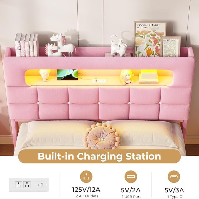 MSmask Full Upholstered LED Bed Frame with 2-Tier Storage Bookcase Headboard, Velvet Princess Bed with Crystal Button Tufted Headboard & Charging Station, Girls Platform Bed, Curved Legs, Pink