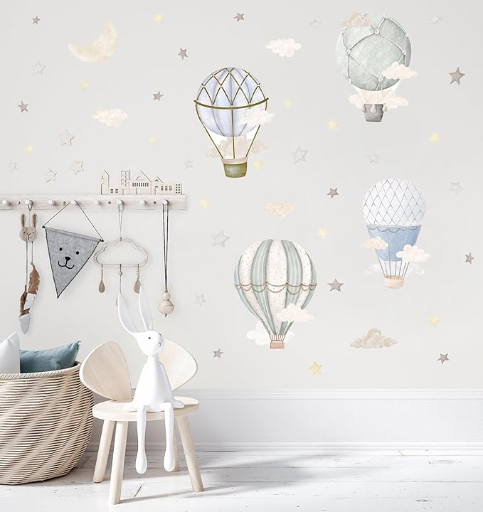 Watercolor Hot Air Balloon Wall Decals, Stars Clouds Balloon Vinyl Wall Stickers, Peel and Stick Colorful Artwork for Nursery Bedroom Toddler Room Playroom Decor