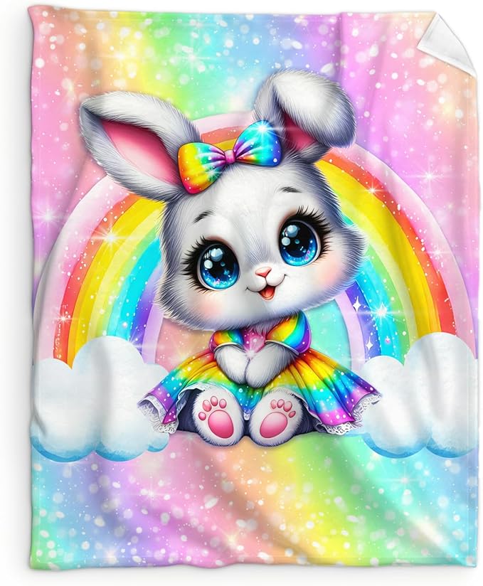 Girls Rabbit Blanket Gift, Throw for Toddler Kids Bunny Lovers - 40x50 Inches Soft Cozy Cute Rainbow Throw Blankets for Sofa Couch Living Room Bed