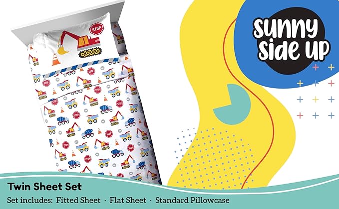 Sunny Side Up Construction Zone Twin Sheet Set - 3 Piece Kids Bedding Set Includes Pillow Cover - Super Soft Trucks Microfiber Sheets