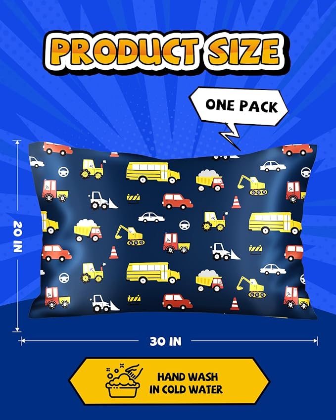 Silk Pillowcase for Kids - 30 x 20 Inches Queen Size Mulberry Silk Pillow Case with Zipper Cute Cartoon Kawaii Teens Girls Boys Pillowcase for Hair and Skin, Red Yellow Car