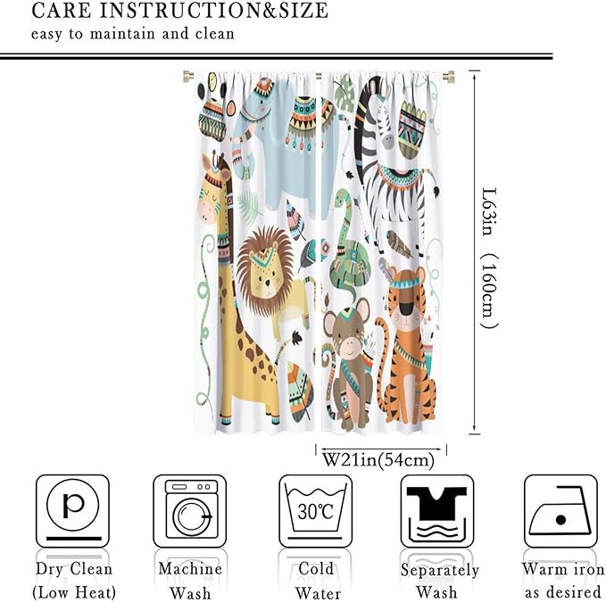 Jungle Tribal Animals Curtains, Southwest Aztec Cartoon Funny Zoo Animals Giraffe Lion Elephant Zebra Tiger Print Thermal Insulation Window Drapes for Kids Boys Girls Bedroom Living Room 42x63in