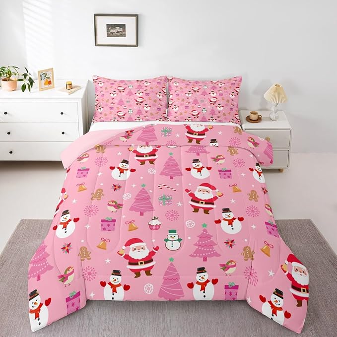 Feelyou Christmas Kids Comforter Set Twin Size Happy New Year Bedding Set Santa Claus Duvet Quilt for Kids Boys Girls Bedroom Merry Christmas Decor Microfiber Ultra Soft Breathable