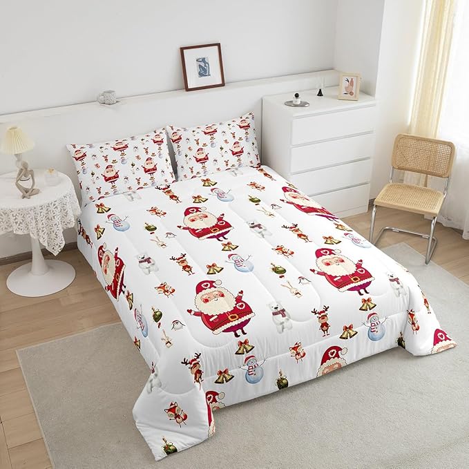 Feelyou Christmas Comforter Set Cute Snowman Santa Claus Kids Decorations Bedding Set Boys Girls Bear Rabbit Comforter Christmas Bells Design White Quilt Set with 1 Pillowcase 2Pcs Bedding Twin
