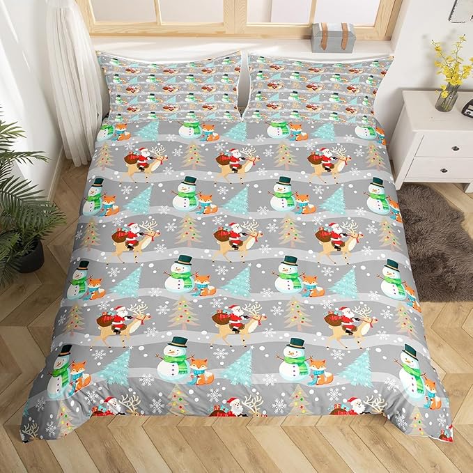 Christmas Duvet Cover Set Twin Size, Xmas Trees Snowman Santa Claus Comforter Cover with 1 Pillowcase, Winter Snowflake Grey Stripes Bedding Set for Kids Girls New Year Bedspread Cover,No Comforter