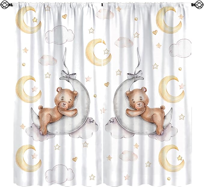 Cartoon Bear Curtains, Cartoon Watercolor Lovely Bear Moon Stars Printed Blackout Window Treatments, Rod Pocket Thermal Insulated Drapes 2 Panel Sets for Kids Bedroom Nursery Classroom, 42"W X 63"L