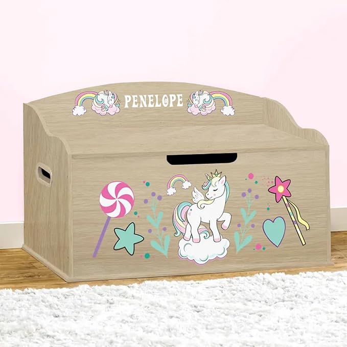 DIBSIES Personalized Creative Wonders Toy Box, Unicorns & Rainbows, 30 x 19.25 x 18 inches, Soft-Close Lid (Natural)