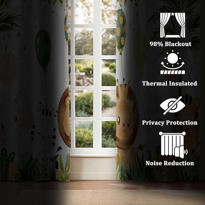 Renaiss 52 x 108 Inch Rainforest Safari Animal Curtains African Jungle Tropical Lions Tigers Elephants Giraffes Palm Trees Pattern Polyester Fabric Grommet Window Drapes for Nursery Bedroom 2 Panels