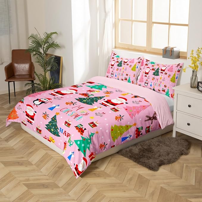 Christmas Bedding Duvet Cover Set Kids Santa Claus Xmas Theme Bedding Set Boys Girls Decor Christmas Tree Comforter Cover Set Microfiber Pink New Year Bedspread Cover Bedroom Bedclothes Queen Size