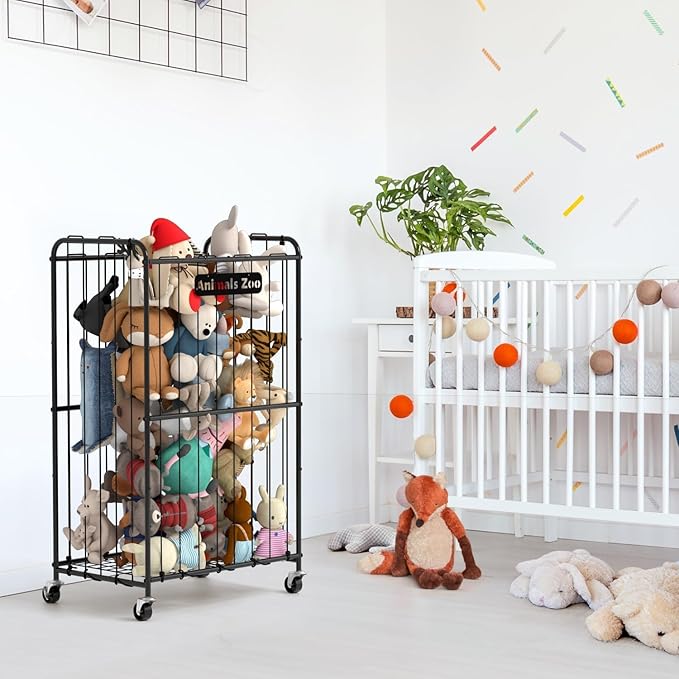 210L Stuffed Animal Storage Organizer Plush Toy Storage Organizer Stuffed Animal Toy Holder, Kids Toy Bins with Wheels, Metal Frame and Elastic Cord Design, Suitable for Storage of Big Toys
